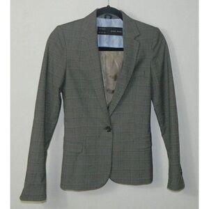 Zara Blazer SWomen Size X-Small Gray‎ Plaid Blue Elbow Patch Preppy Equestrian